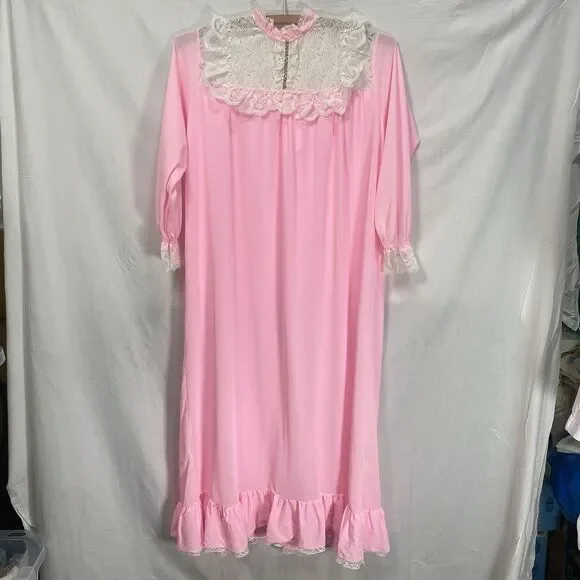 Vintage HER MAJESTY Nightgown Lot Girls 60s 70s Lace Long Yellow Pink Size 10 12 - Picture 8 of 16